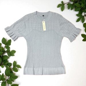 Arach & Cloz Blue Knit Sweater Women’s XL Short Sleeve Pullover Ruffle Hem NWT